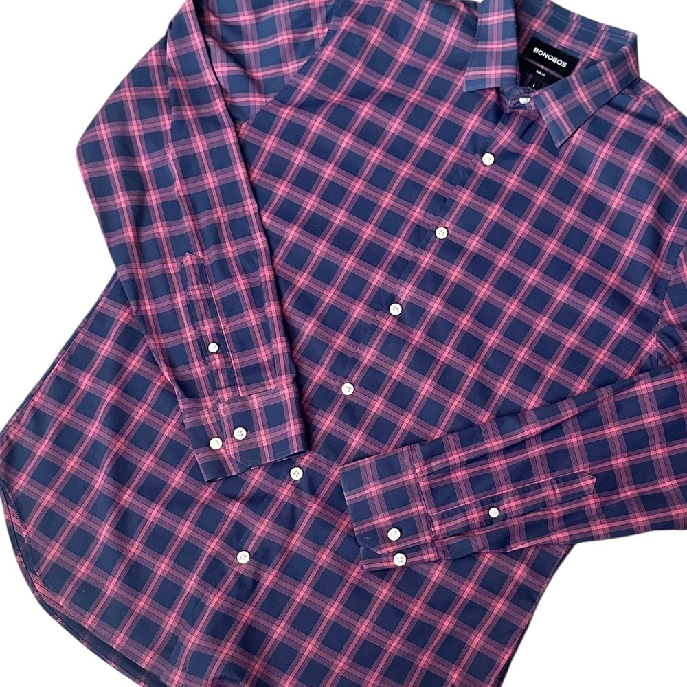 Bonobos Shirt‎ Men's Large Navy Pink Plaid Performance Fabric Slim Fit Button Up